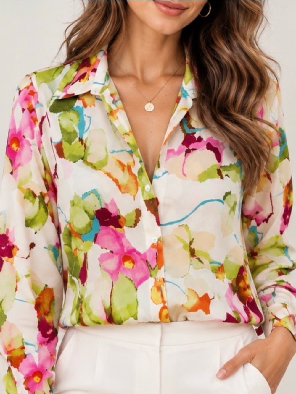 Zara Multicolor Floral Watercolor Button-Down Blouse